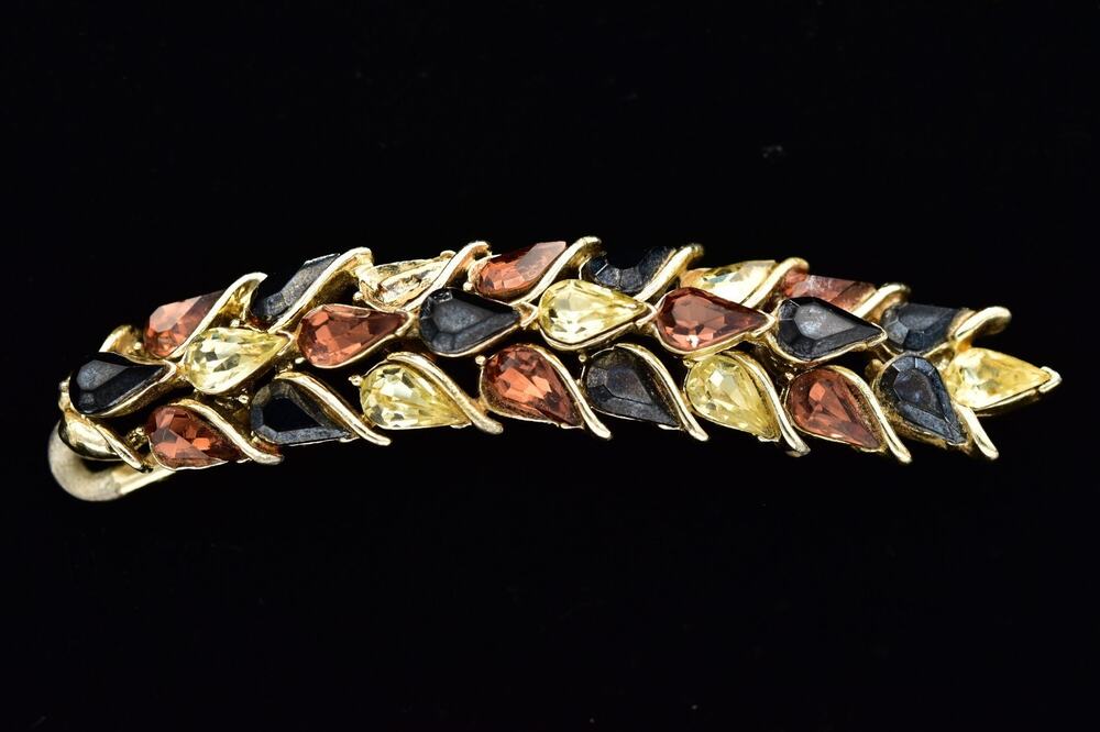 Coro Vintage Rhinestone Crystal Leaf Brooch Black Amber Yellow Gold 1950s BinBI